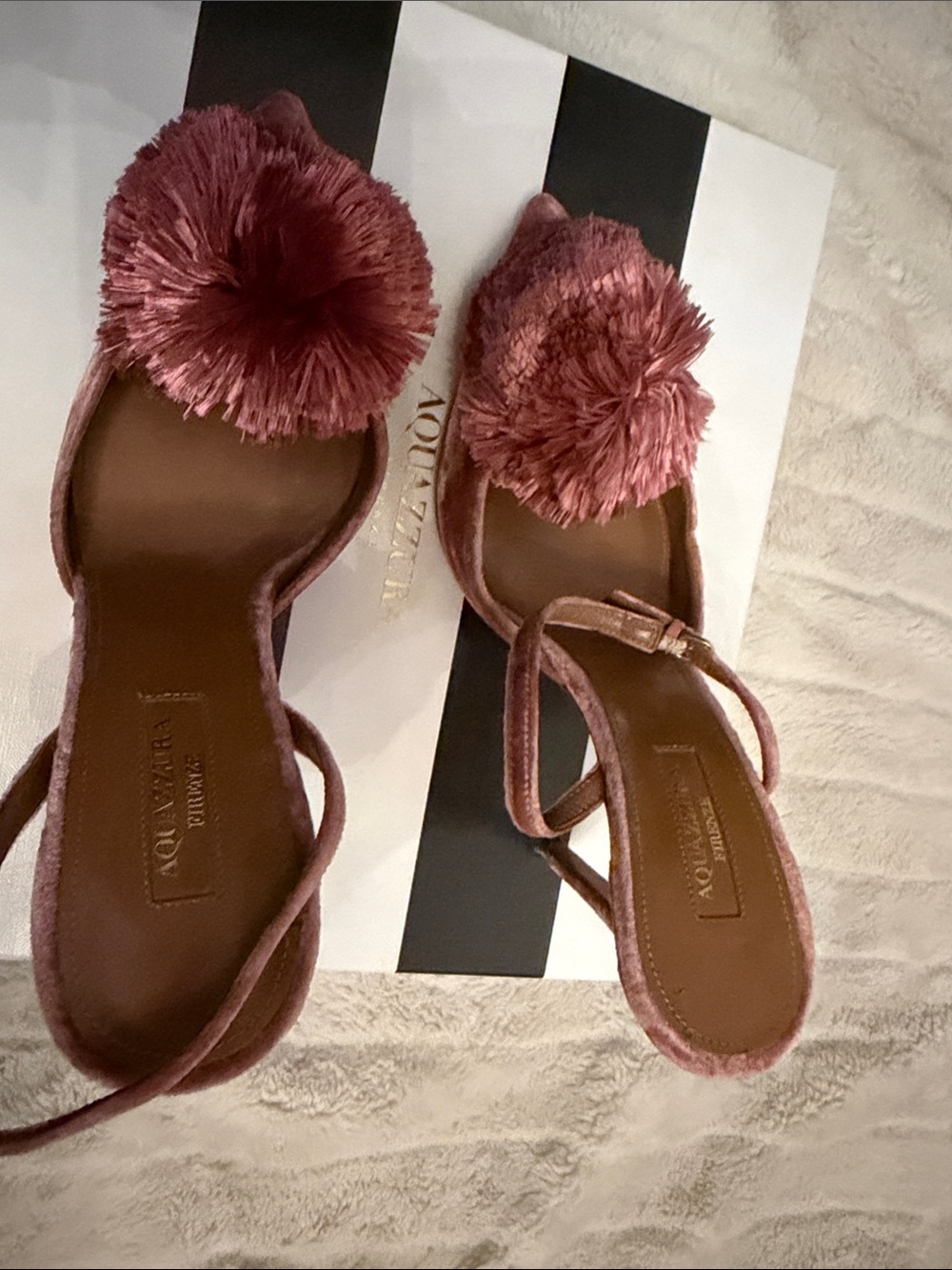 Aquazzura Rose Velvet Pom-Pom Slingback Heels - Picture 6 of 6